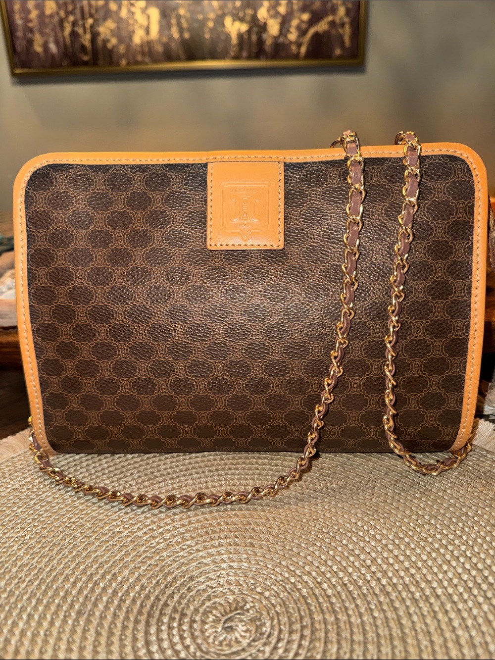 Celine Vintage Brown Monogram ClutchCrossbody Includes Leather Trim Chain Strap